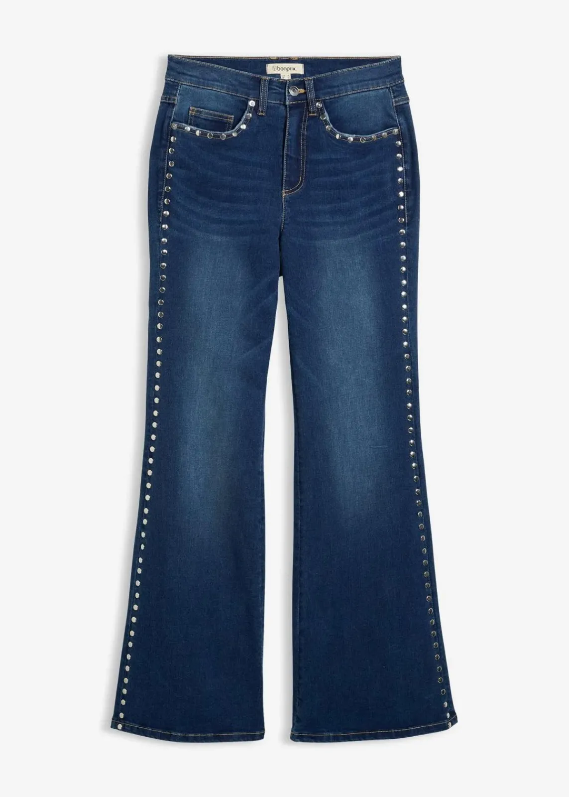bonprix Kurzgrößen|Bekleidung·Shirts & Tops^Flared-Jeans High Waist mit Nietenbesatz blau denim used
