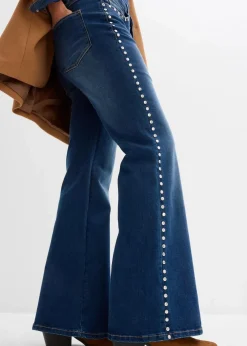 bonprix Kurzgrößen|Bekleidung·Shirts & Tops^Flared-Jeans High Waist mit Nietenbesatz blau denim used