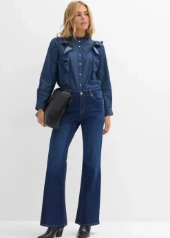 bonprix Jeans|Bekleidung·Shirts & Tops^Flared-Jeans Mid Waist dunkelblau denim used