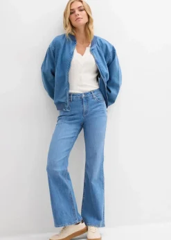 bonprix Bekleidung·Shirts & Tops|Jeans^Flared-Jeans Mid Waist hellblau denim used