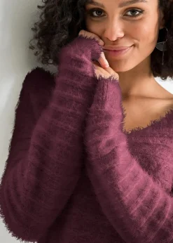 bonprix Bekleidung·Umstandsmode|Strickmode^Flauschiger Long-Pullover weinrot