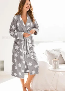 bonprix Wäsche·Bademäntel|Nachhaltigere Materialien^Fleece Bademantel grau/wollweiß bedruckt