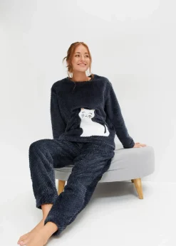 bonprix Wäsche·Homewear|Wäsche·Nachtwäsche^Fleece Loungewear Hausanzug mit Strukturmuster und Applikation nachtblau