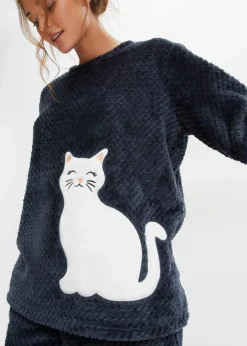 bonprix Wäsche·Homewear|Wäsche·Nachtwäsche^Fleece Loungewear Hausanzug mit Strukturmuster und Applikation nachtblau