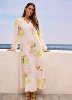 bonprix Bekleidung·Pullover & Strickjacken|Kleider^Fluides Tunika-Kleid weiß/melba/tulpengelb/helllachs/mattpistazie geblümt