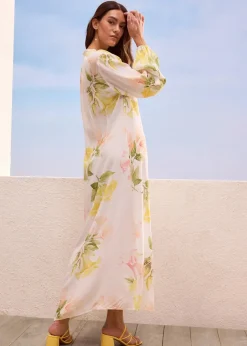 bonprix Bekleidung·Pullover & Strickjacken|Kleider^Fluides Tunika-Kleid weiß/melba/tulpengelb/helllachs/mattpistazie geblümt