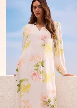bonprix Bekleidung·Pullover & Strickjacken|Kleider^Fluides Tunika-Kleid weiß/melba/tulpengelb/helllachs/mattpistazie geblümt