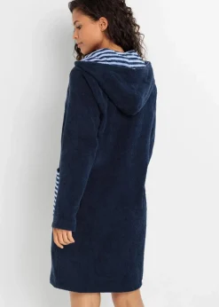 bonprix Wäsche·Bademäntel|Nachhaltigere Materialien^Frottee Bademantel aus Bio-Baumwolle mit Reißverschluss dunkelblau/perlblau gestreift