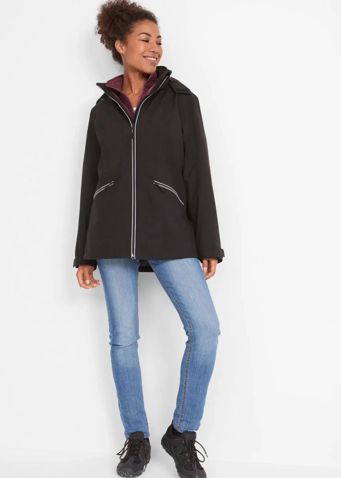 bonprix Bekleidung·Hosen|Jacken & Mäntel^Funktions-Outdoor-3 in 1 Jacke mit Strickfleece-Innenjacke schwarz/rhododendronrot