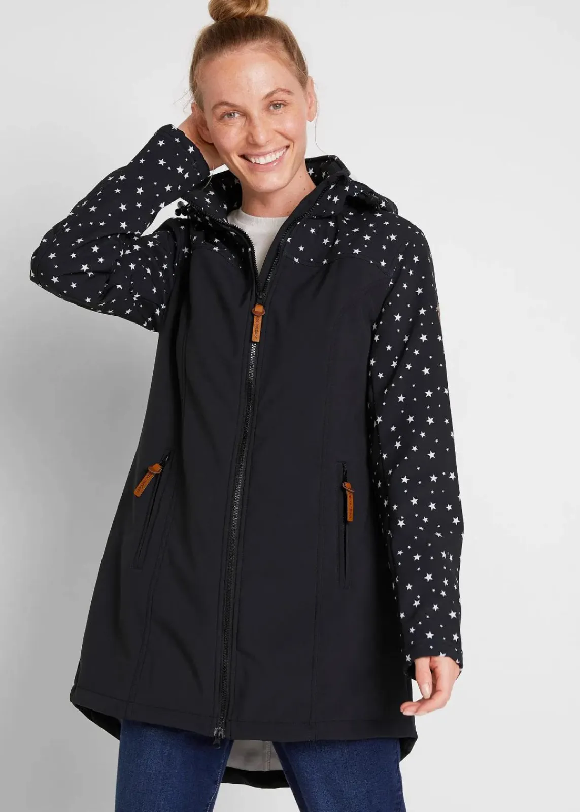 bonprix Bekleidung·Hosen|Jacken & Mäntel^Funktions-Softshell-Parka mit Kuschelfleece schwarz bedruckt