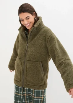 bonprix Bekleidung·Hosen|Jacken & Mäntel^Gefütterte Teddy-Fleece Jacke dunkeloliv
