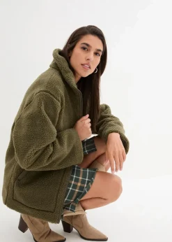 bonprix Bekleidung·Hosen|Jacken & Mäntel^Gefütterte Teddy-Fleece Jacke dunkeloliv