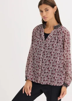 bonprix Bekleidung·Jacken & Mäntel|Blusen & Tuniken^Gemusterte Chiffon-Bluse mit Stickerei wollweiß bedruckt