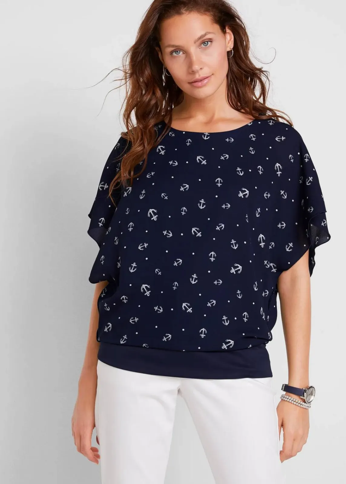 bonprix Bekleidung·Jacken & Mäntel|Blusen & Tuniken^Georgette - Blusenshirt dunkelblau/weiß bedruckt