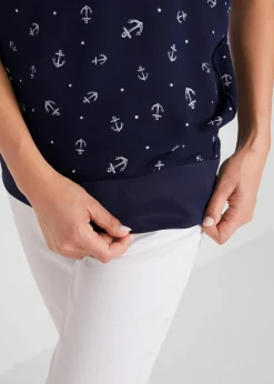 bonprix Bekleidung·Jacken & Mäntel|Blusen & Tuniken^Georgette - Blusenshirt dunkelblau/weiß bedruckt