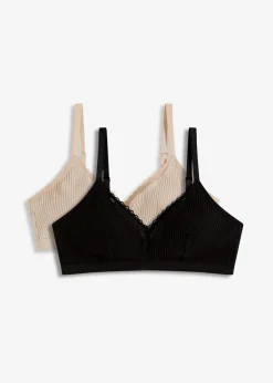 bonprix Wäsche·Baumwollunterwäsche|Nachhaltigere Materialien^Gepolstertes Bralette ohne Bügel mit Bio-Baumwolle (2er Pack) schwarz + kreidebeige