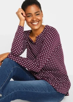 bonprix Shirts & Tops^Gepunktetes Baumwoll-Langarmshirt mit Seitenschlitzen holunderbeere/weiß gepunktet