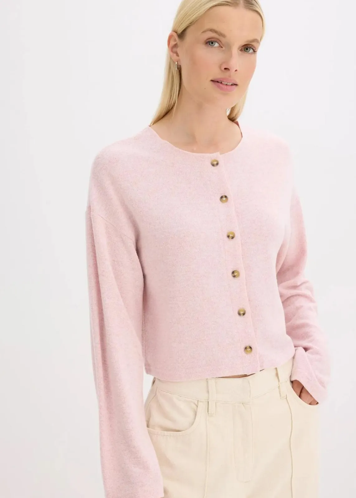 bonprix Bekleidung·Umstandsmode|Strickmode^Gerippte Feinstrickjacke aschrosa meliert