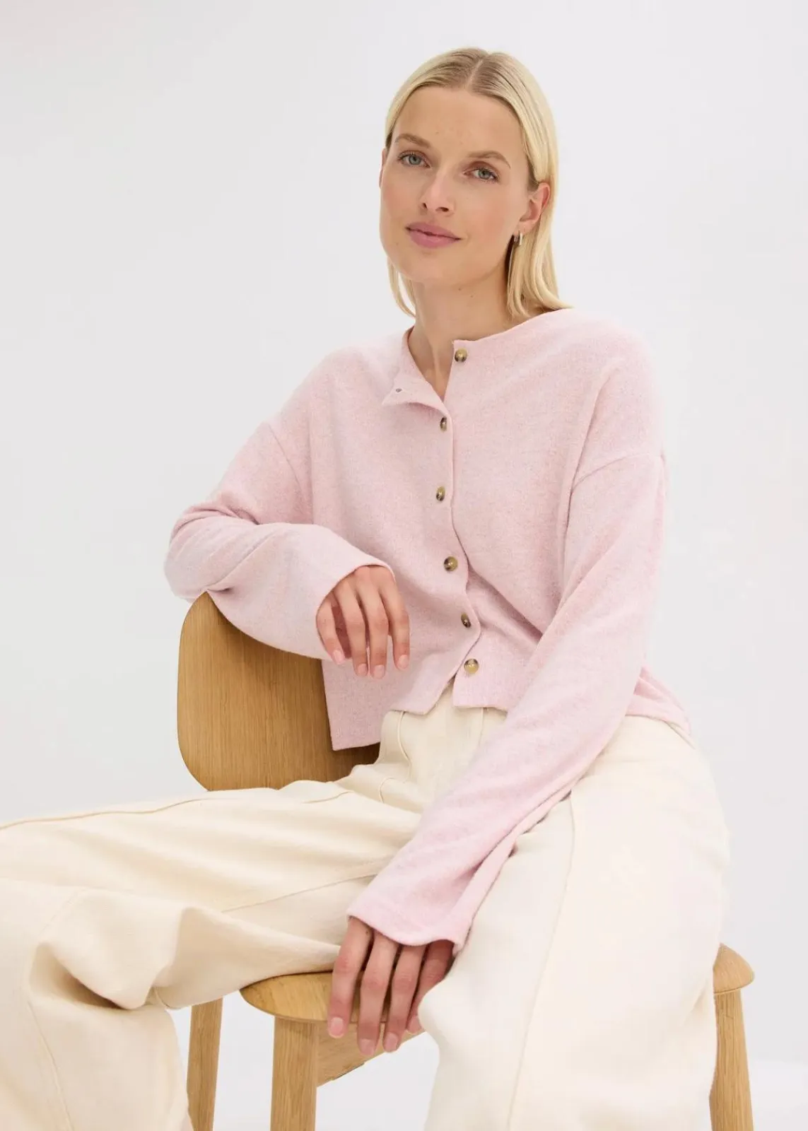bonprix Bekleidung·Umstandsmode|Strickmode^Gerippte Feinstrickjacke aschrosa meliert