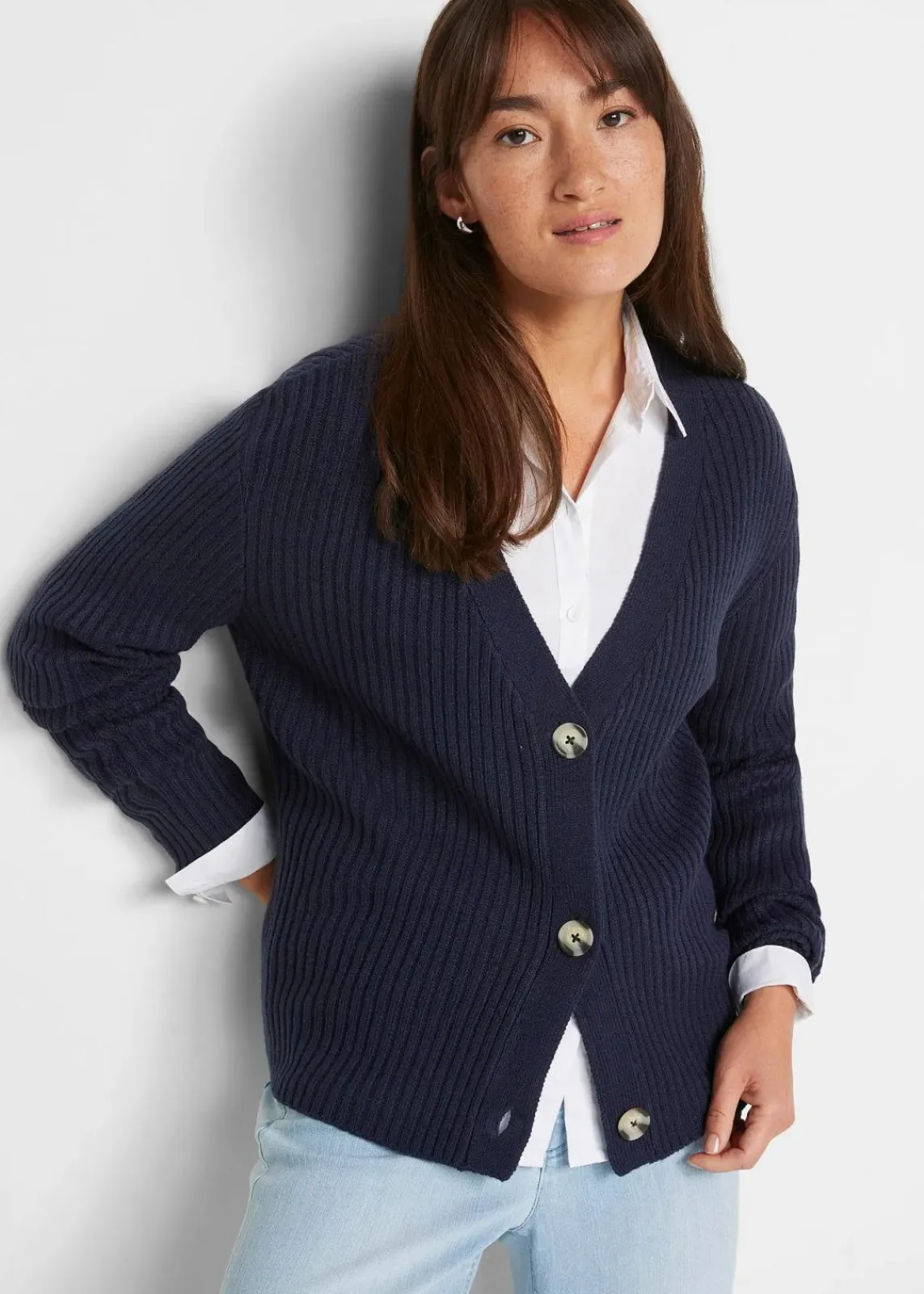 bonprix Bekleidung·Jeans|Pullover & Strickjacken^Gerippte Strickjacke dunkelblau