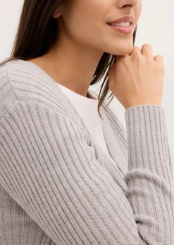 bonprix Strickmode|Pullover & Strickjacken^Gerippte Strickjacke hellgrau meliert meliert