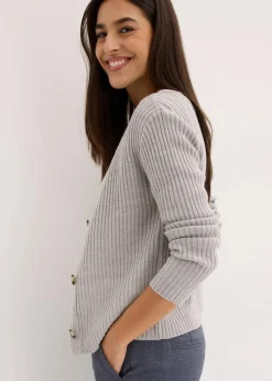 bonprix Strickmode|Pullover & Strickjacken^Gerippte Strickjacke hellgrau meliert meliert