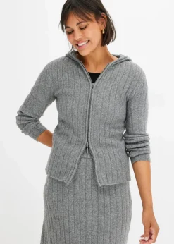 bonprix Strickmode|Pullover & Strickjacken^Gerippte Strickjacke mit Kapuze grau meliert