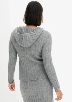 bonprix Strickmode|Pullover & Strickjacken^Gerippte Strickjacke mit Kapuze grau meliert