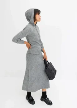 bonprix Strickmode|Pullover & Strickjacken^Gerippte Strickjacke mit Kapuze grau meliert