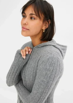 bonprix Strickmode|Pullover & Strickjacken^Gerippte Strickjacke mit Kapuze grau meliert