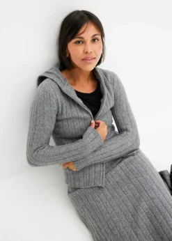 bonprix Strickmode|Pullover & Strickjacken^Gerippte Strickjacke mit Kapuze grau meliert