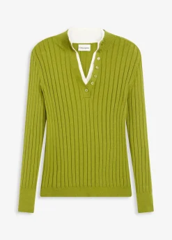 bonprix Pullover & Strickjacken|Strickmode^Gerippter Feinstrickpullover mit Viskose in 2 in 1 Optik moos/naturbeige