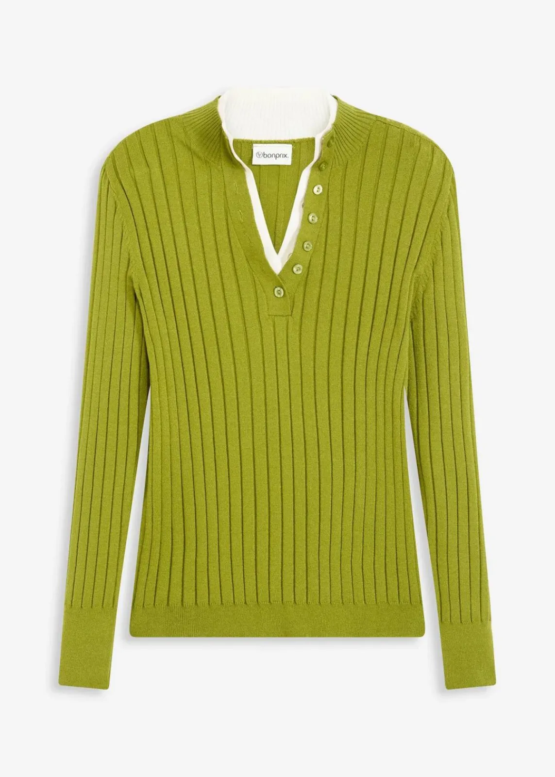 bonprix Pullover & Strickjacken|Strickmode^Gerippter Feinstrickpullover mit Viskose in 2 in 1 Optik moos/naturbeige