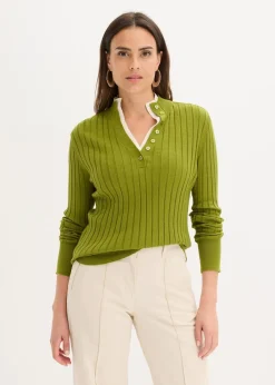 bonprix Pullover & Strickjacken|Strickmode^Gerippter Feinstrickpullover mit Viskose in 2 in 1 Optik moos/naturbeige