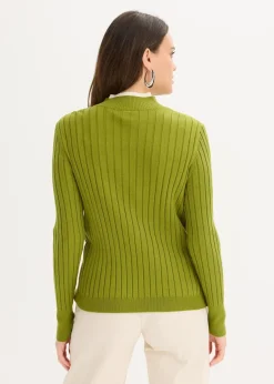 bonprix Pullover & Strickjacken|Strickmode^Gerippter Feinstrickpullover mit Viskose in 2 in 1 Optik moos/naturbeige