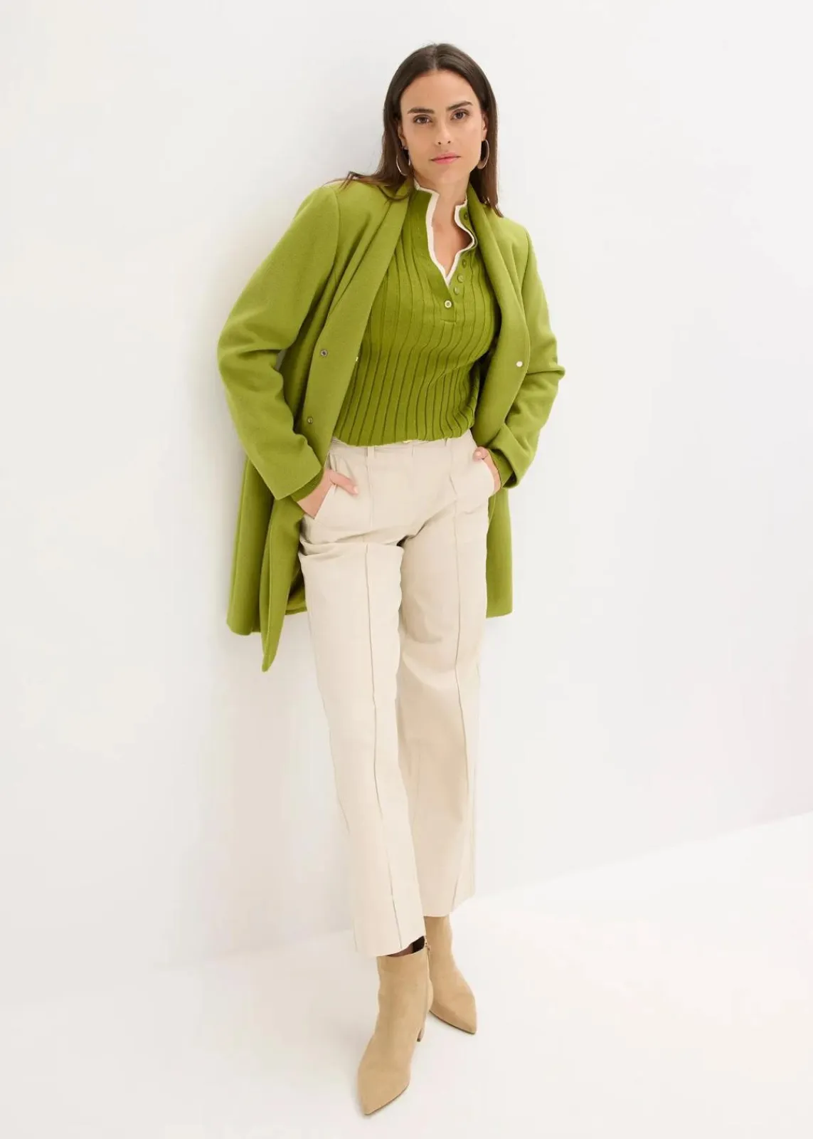 bonprix Pullover & Strickjacken|Strickmode^Gerippter Feinstrickpullover mit Viskose in 2 in 1 Optik moos/naturbeige