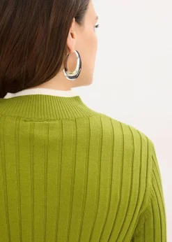 bonprix Pullover & Strickjacken|Strickmode^Gerippter Feinstrickpullover mit Viskose in 2 in 1 Optik moos/naturbeige