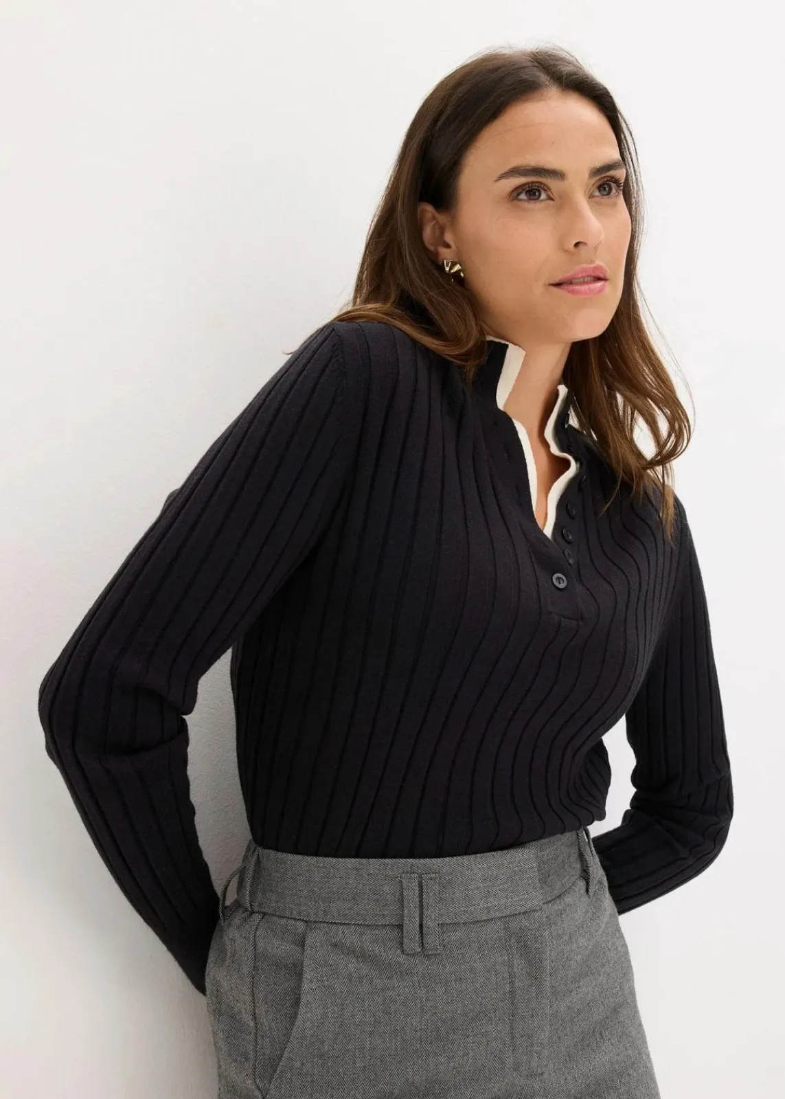 bonprix Bekleidung·Umstandsmode|Bekleidung·Jeans^Gerippter Feinstrickpullover mit Viskose in 2 in 1 Optik schwarz/naturbeige
