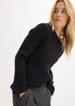 bonprix Pullover & Strickjacken|Strickmode^Gerippter Oversize-Pullover schwarz
