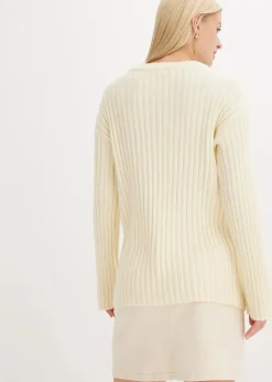bonprix Pullover & Strickjacken|Strickmode^Gerippter Oversize-Pullover cremeweiß