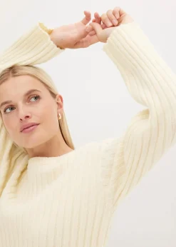 bonprix Pullover & Strickjacken|Strickmode^Gerippter Oversize-Pullover cremeweiß