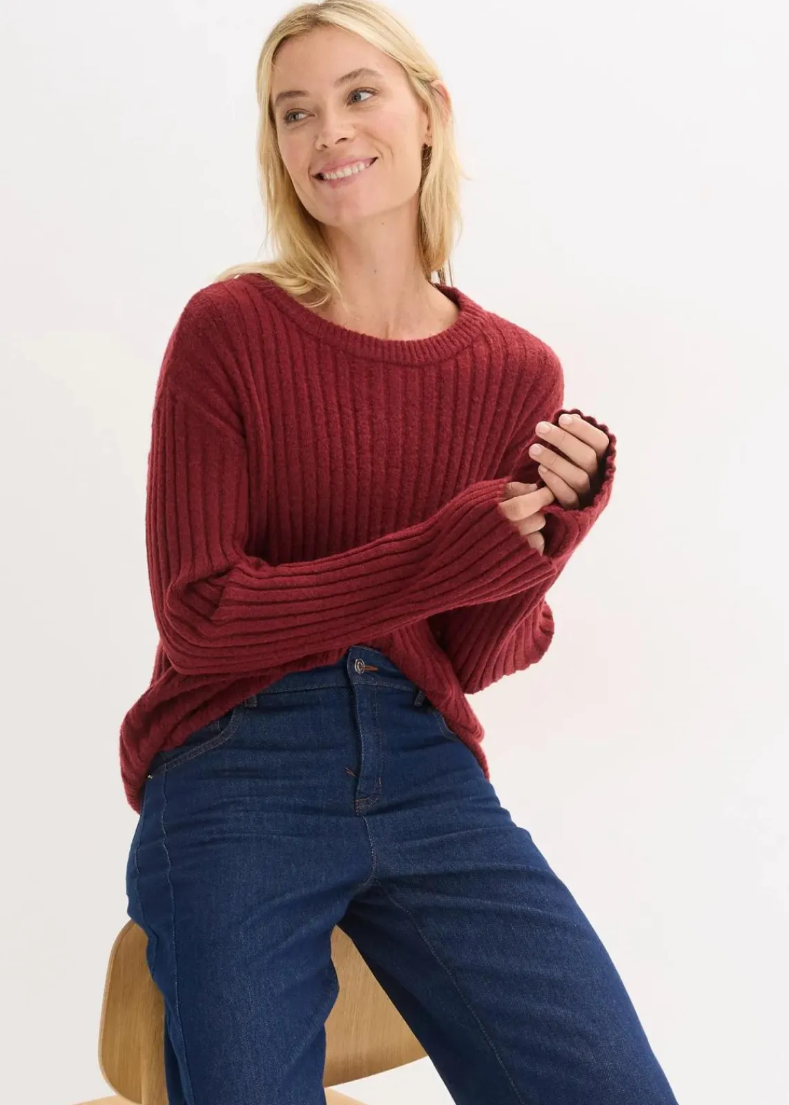 bonprix Bekleidung·Umstandsmode|Bekleidung·Jeans^Gerippter Oversize-Pullover rubinrot