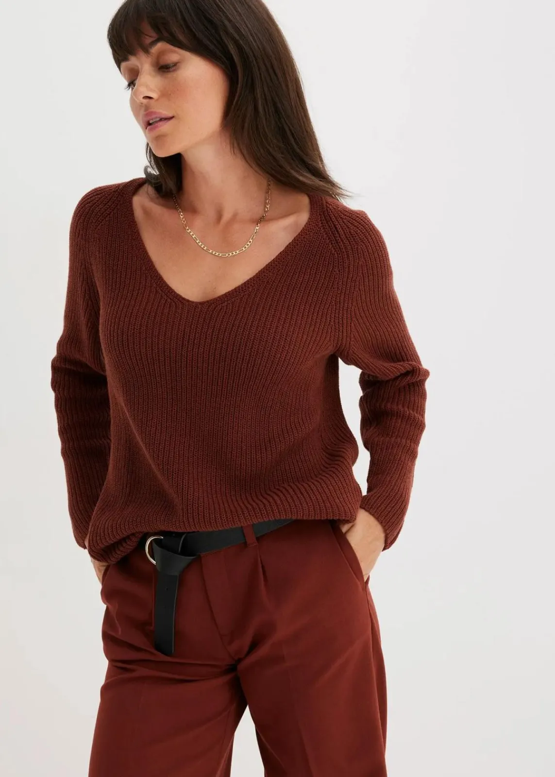 bonprix Bekleidung·Umstandsmode|Strickmode^Gerippter Pullover aus reiner Baumwolle mahagonibraun