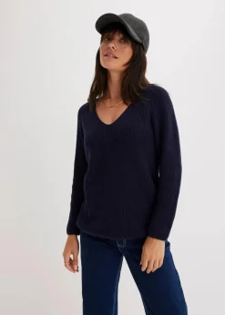 bonprix Bekleidung·Umstandsmode|Strickmode^Gerippter Pullover aus reiner Baumwolle dunkelblau