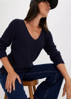 bonprix Bekleidung·Umstandsmode|Strickmode^Gerippter Pullover aus reiner Baumwolle dunkelblau