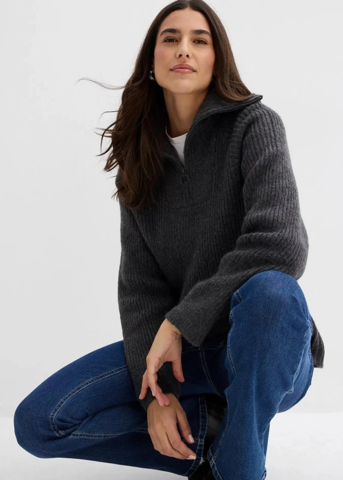 bonprix Bekleidung·Jeans|Pullover & Strickjacken^Gerippter Troyer anthrazit