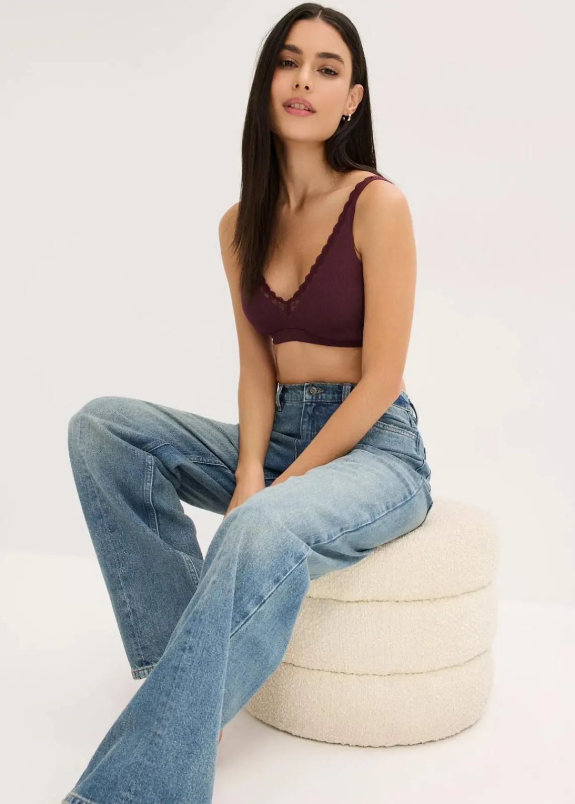 bonprix Bhs|Baumwollunterwäsche^Geripptes Bralette mit Bio-Baumwolle und Spitze weinrot