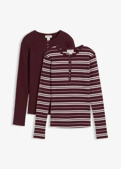 bonprix Shirts & Tops^Geripptes Langarmshirt aus Bio-Baumwollmix weinrot uni + weinrot/wollweiß gestreift