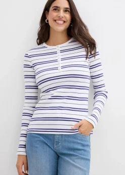 bonprix Shirts & Tops^Geripptes Langarmshirt aus Bio-Baumwollmix weiß uni + weiß/dunkelpazifik gestreift