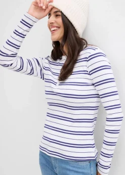 bonprix Shirts & Tops^Geripptes Langarmshirt aus Bio-Baumwollmix weiß uni + weiß/dunkelpazifik gestreift